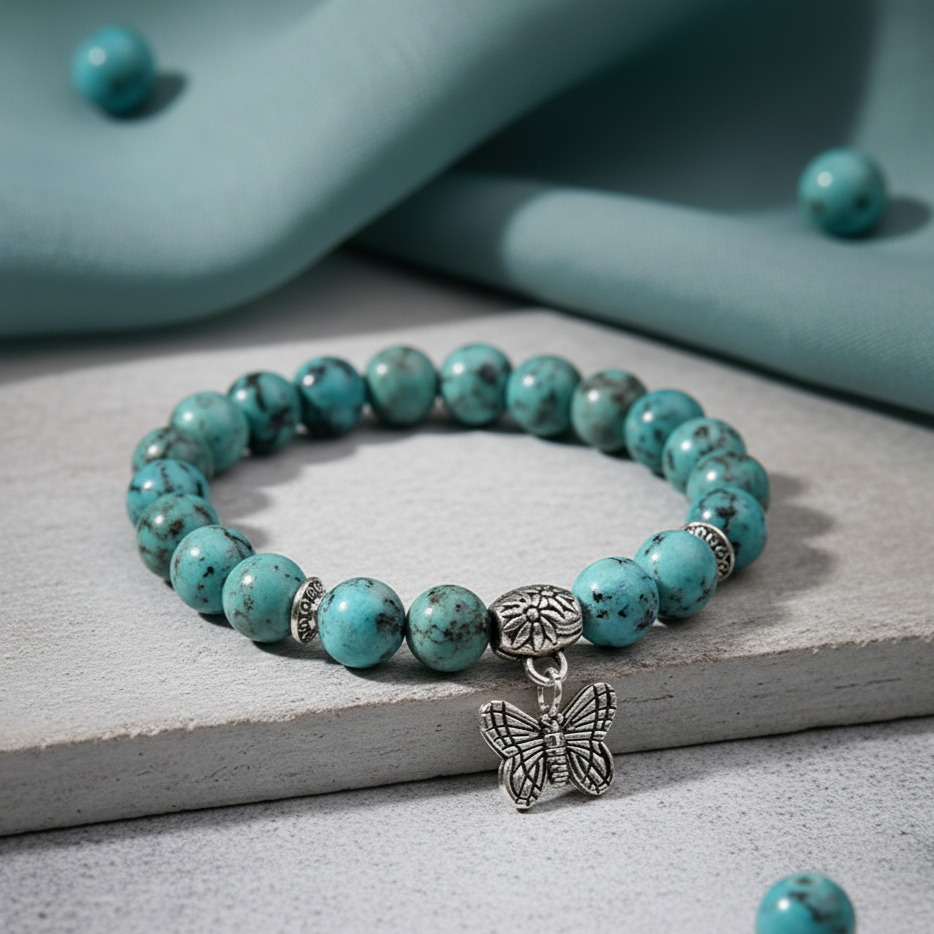 Elastic Beaded with Butterfly Charm Stone Bracelet