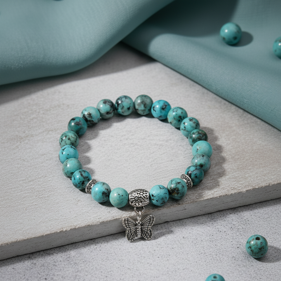 Elastic Beaded with Butterfly Charm Stone Bracelet