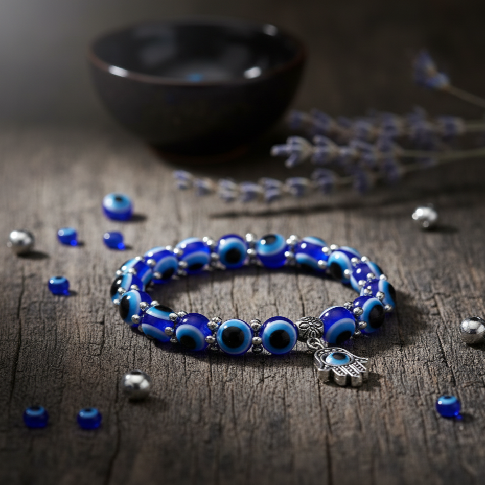 Blue Evil Eye Bracelet with Fatima Hand