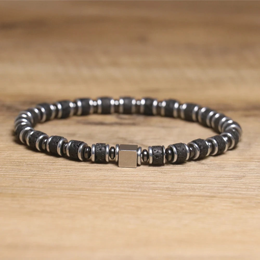 Lava Bead Bracelet with Cube Charm ā Geometric Stainless Steel