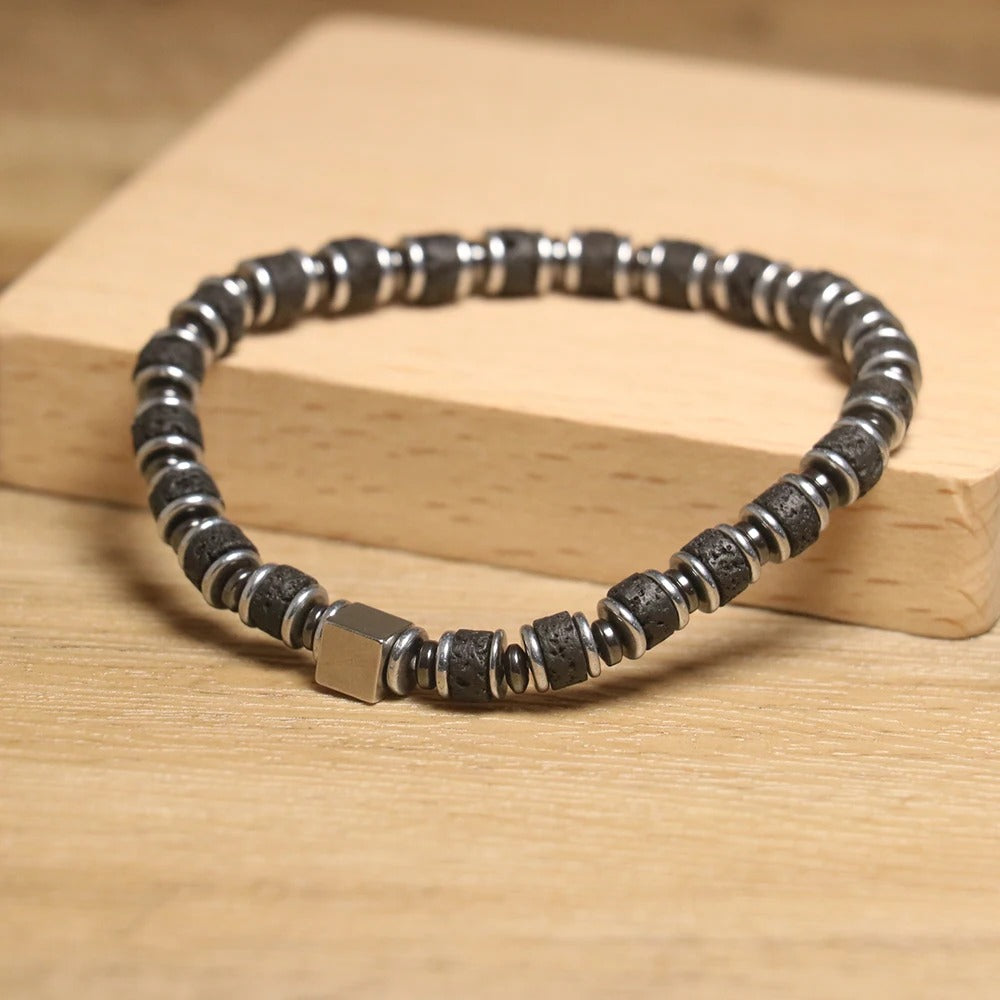 Lava Bead Bracelet with Cube Charm ā Geometric Stainless Steel