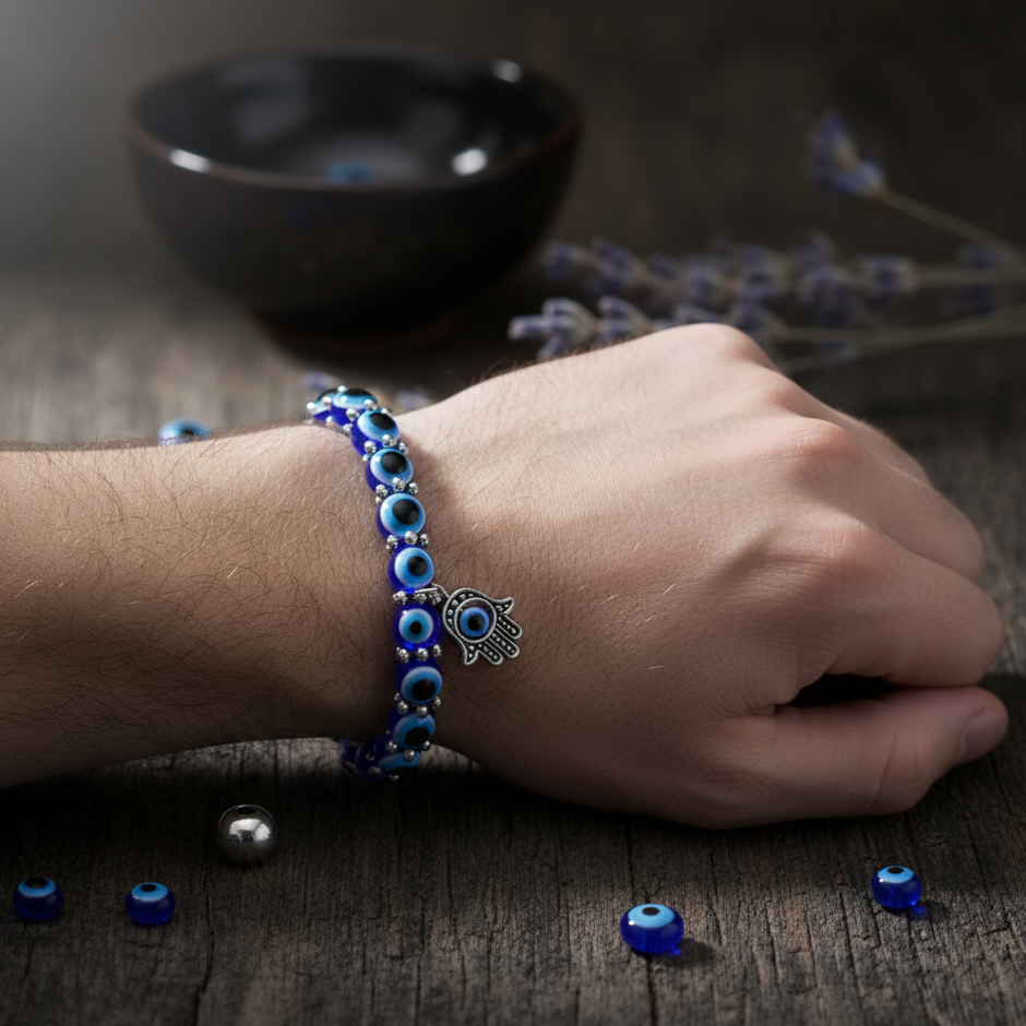 Hand wearing a blue beaded bracelet with an eye design on a wooden surface.