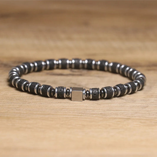 Lava Bead Bracelet with Cube Charm – Geometric Stainless Steel
