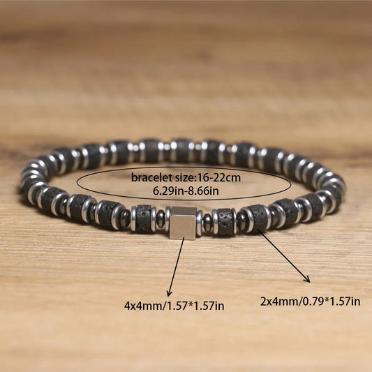 Lava Bead Bracelet with Cube Charm – Geometric Stainless Steel