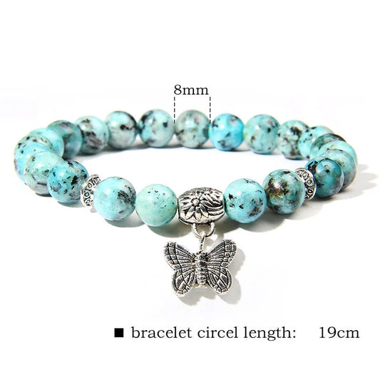 Rose Quartz & Emperor Stone Bracelet – Elastic Beaded with Butterfly Charm