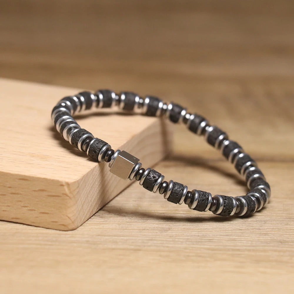 Lava Bead Bracelet with Cube Charm – Geometric Stainless Steel