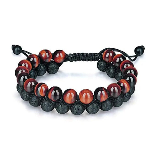 Lava Rock Tiger Eye & Hematite Macrame Adjustable Double Layer Bracelet